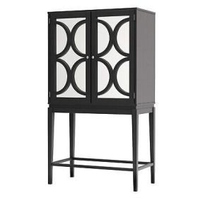 Wine Cabinet Solid Rubber Wood Rack Double Mirror Door Bar Kitchen Organizer