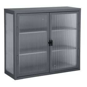 Retro Style Haze Double Glass Door Wall Cabinet With Detachable Shelves for Office, Dining Room,Living Room, Kitchen and Bathroom Grey Color
