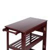 38 Inch Handcrafted Rubberwood Kitchen Island Bar Cart; Knife Holder; Folding Frame; 2 Slatted Shelves; Cocoa Red