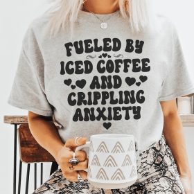 Fueled By Iced Coffee And Crippling Anxiety T-Shirt (Color: Athletic Heather)